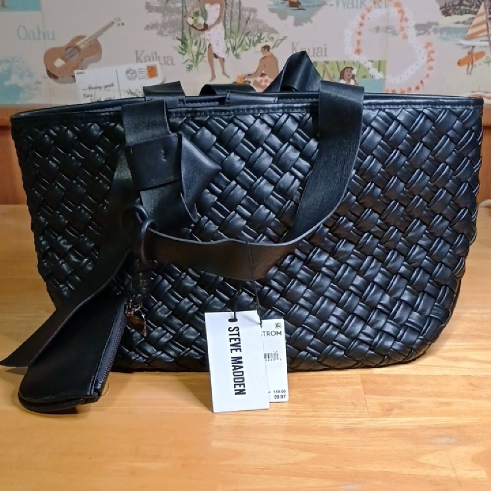 Steve Madden Black Woven Tote with Ribbon Strap